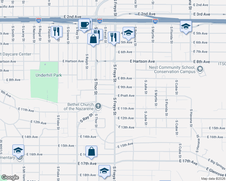 map of restaurants, bars, coffee shops, grocery stores, and more near 3512 East Wesley Court in Spokane