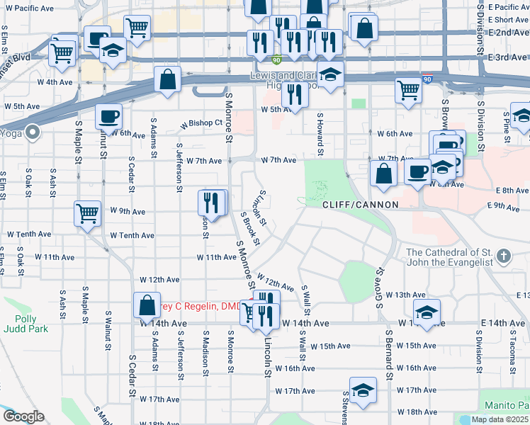 map of restaurants, bars, coffee shops, grocery stores, and more near 831 South Lincoln Street in Spokane