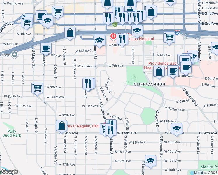map of restaurants, bars, coffee shops, grocery stores, and more near 831 South Lincoln Street in Spokane