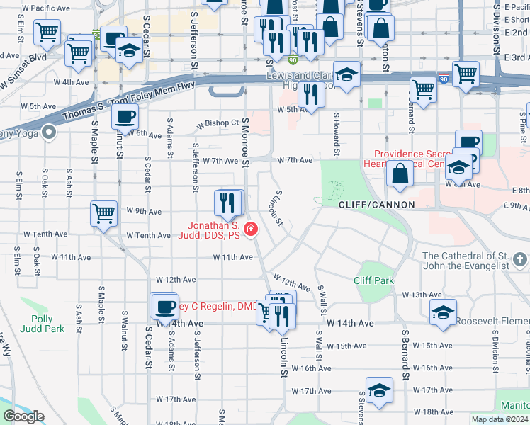 map of restaurants, bars, coffee shops, grocery stores, and more near 830 South Lincoln Place in Spokane