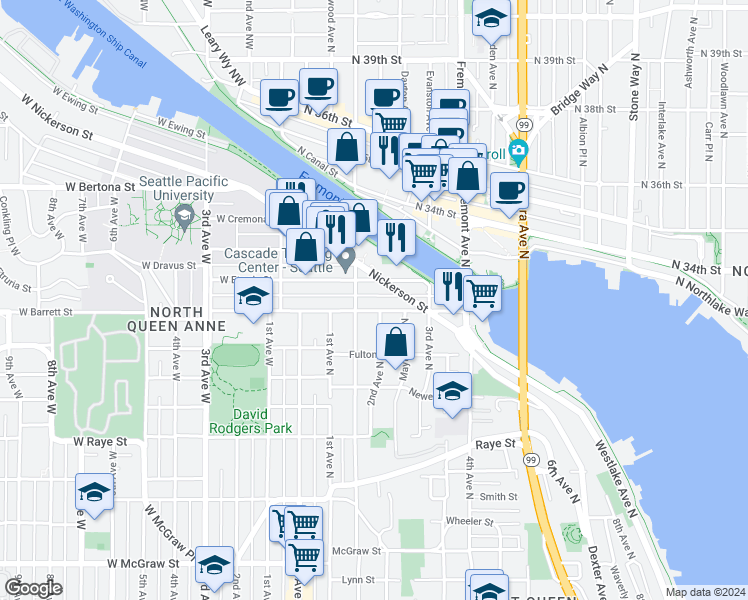 map of restaurants, bars, coffee shops, grocery stores, and more near 201 Nickerson Street in Seattle