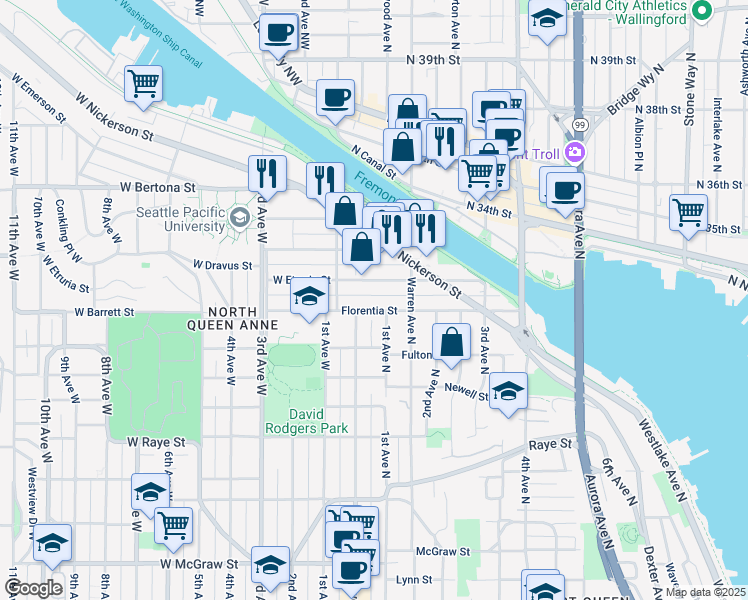 map of restaurants, bars, coffee shops, grocery stores, and more near 29 Etruria Street in Seattle