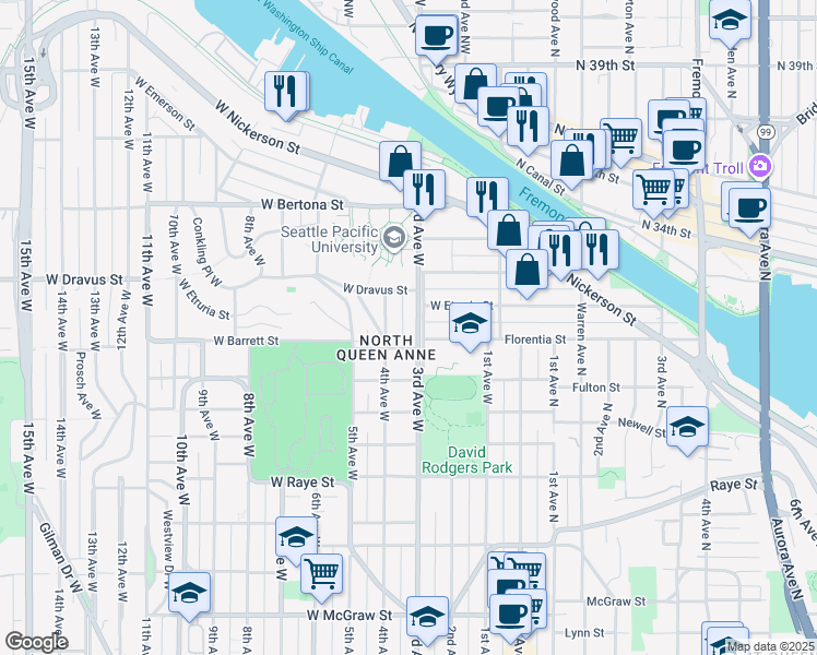 map of restaurants, bars, coffee shops, grocery stores, and more near in Seattle