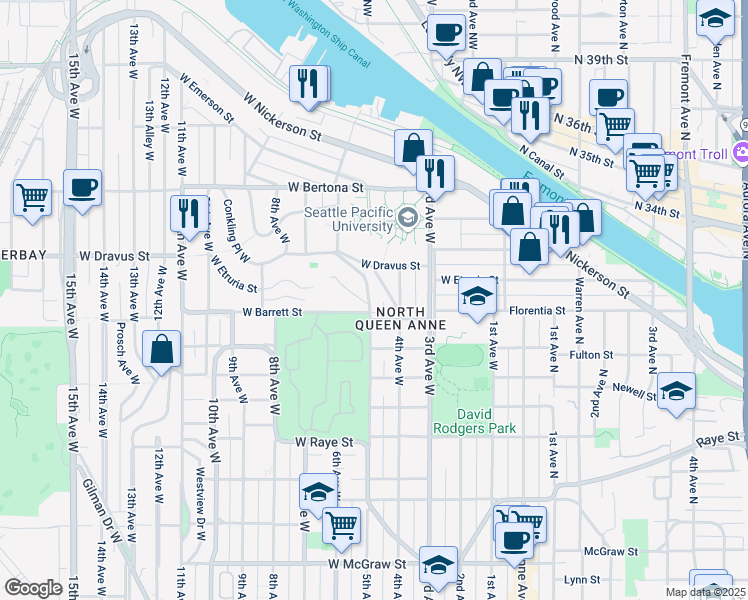 map of restaurants, bars, coffee shops, grocery stores, and more near 5102 West Etruria Street in Seattle