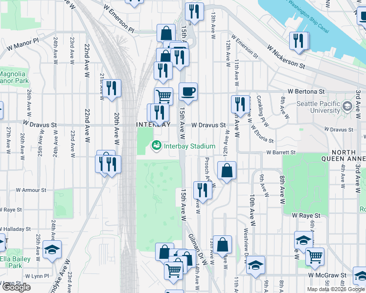 map of restaurants, bars, coffee shops, grocery stores, and more near 3000 15th Avenue West in Seattle
