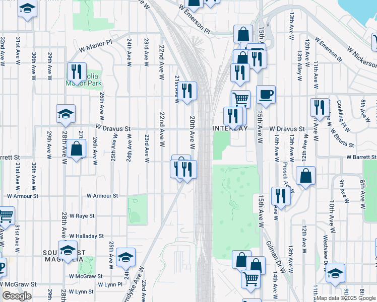 map of restaurants, bars, coffee shops, grocery stores, and more near 3031 20th Avenue West in Seattle