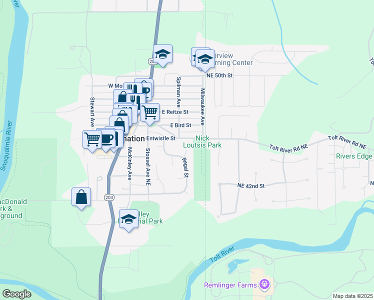 map of restaurants, bars, coffee shops, grocery stores, and more near 4400 Royal Court in Carnation