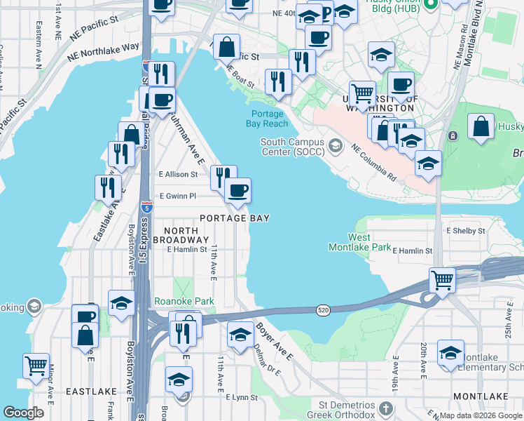 map of restaurants, bars, coffee shops, grocery stores, and more near 1212 East Shelby Street in Seattle