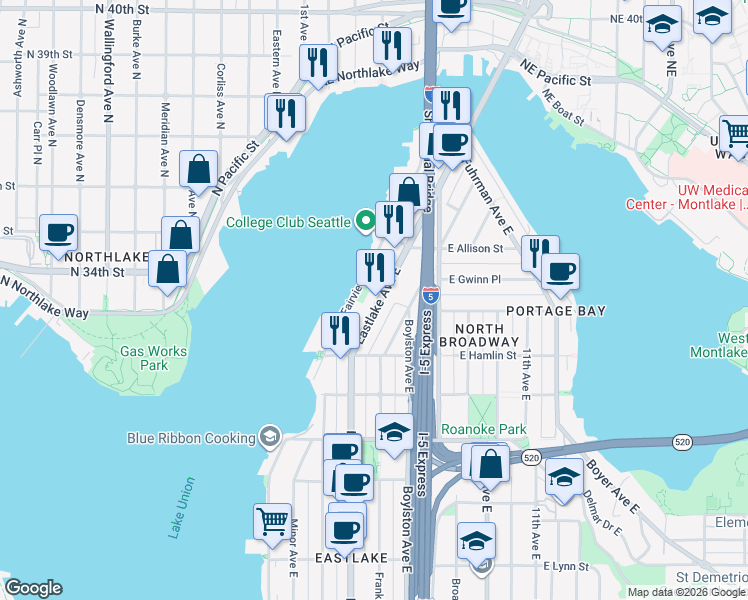 map of restaurants, bars, coffee shops, grocery stores, and more near 2865 Eastlake Avenue East in Seattle