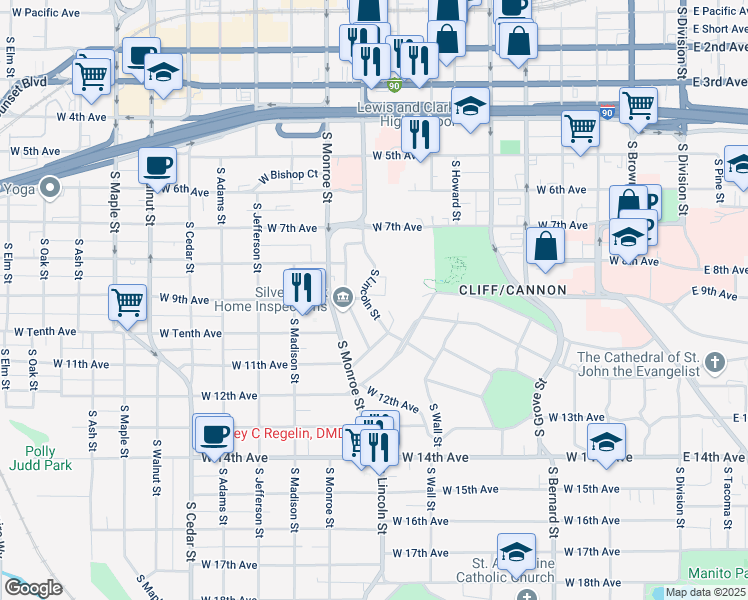 map of restaurants, bars, coffee shops, grocery stores, and more near 831 South Lincoln Street in Spokane