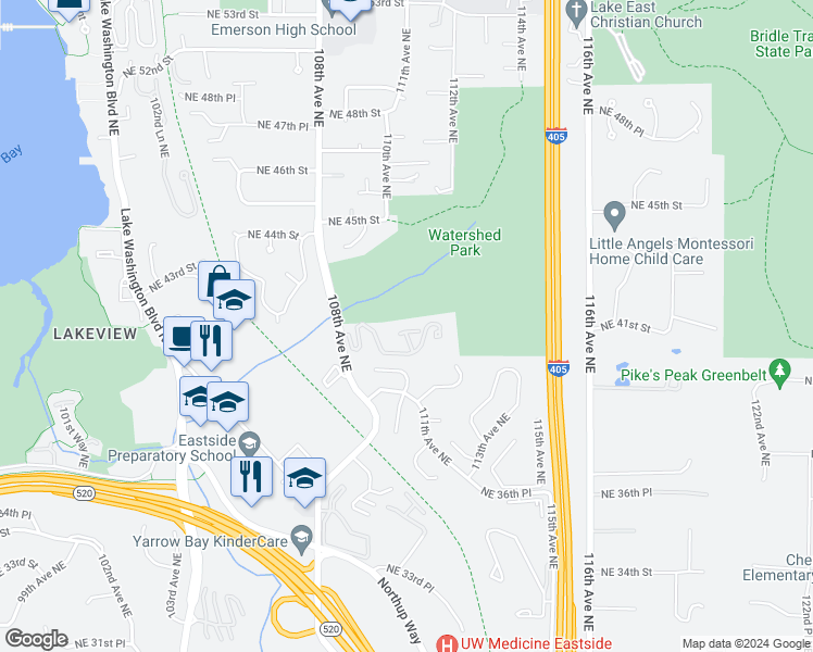 map of restaurants, bars, coffee shops, grocery stores, and more near 11032 Northeast 41st Drive in Kirkland