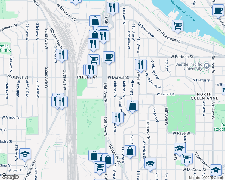 map of restaurants, bars, coffee shops, grocery stores, and more near 3023 14th Avenue West in Seattle