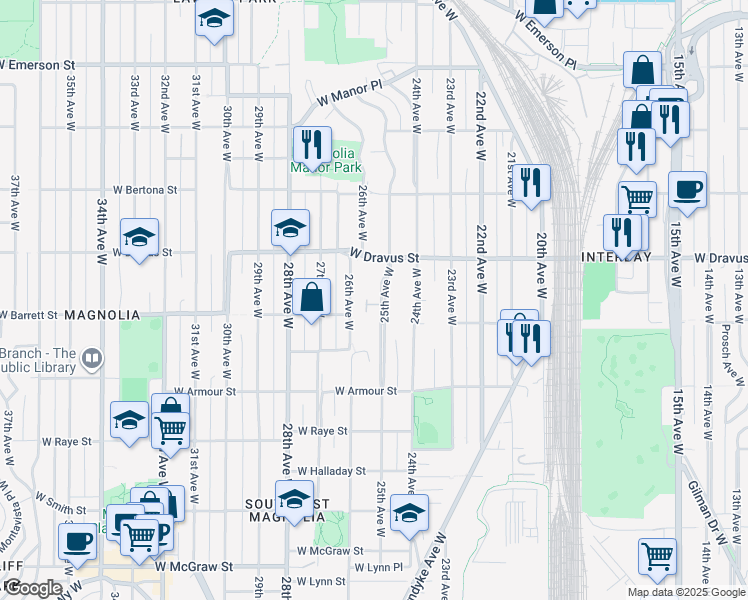 map of restaurants, bars, coffee shops, grocery stores, and more near 2949 25th Avenue West in Seattle