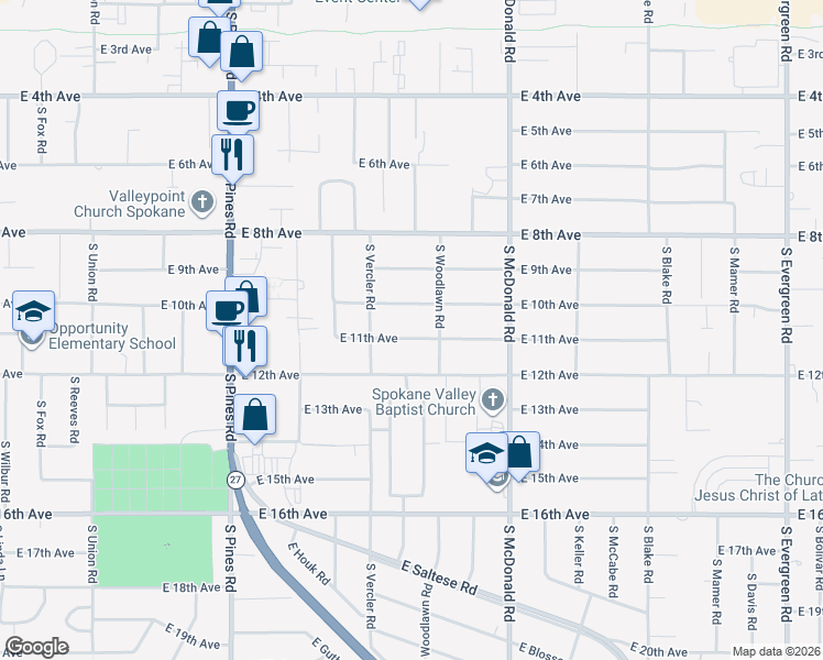 map of restaurants, bars, coffee shops, grocery stores, and more near 12807 East 11th Avenue in Spokane Valley