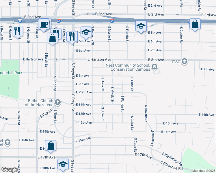 map of restaurants, bars, coffee shops, grocery stores, and more near 3916 East 9th Avenue in Spokane