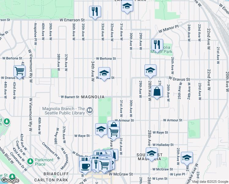 map of restaurants, bars, coffee shops, grocery stores, and more near 3010 32nd Avenue West in Seattle