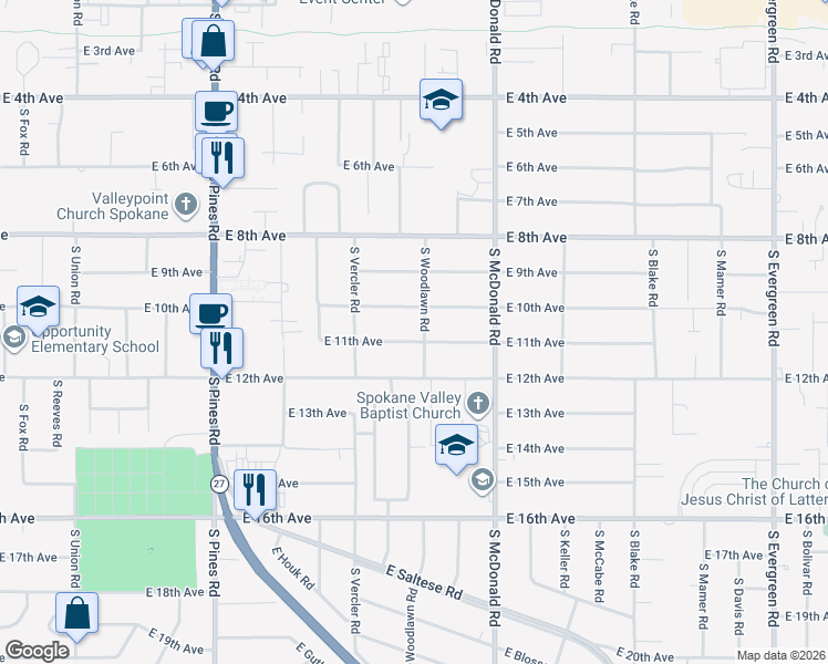 map of restaurants, bars, coffee shops, grocery stores, and more near 12807 East 11th Avenue in Spokane Valley