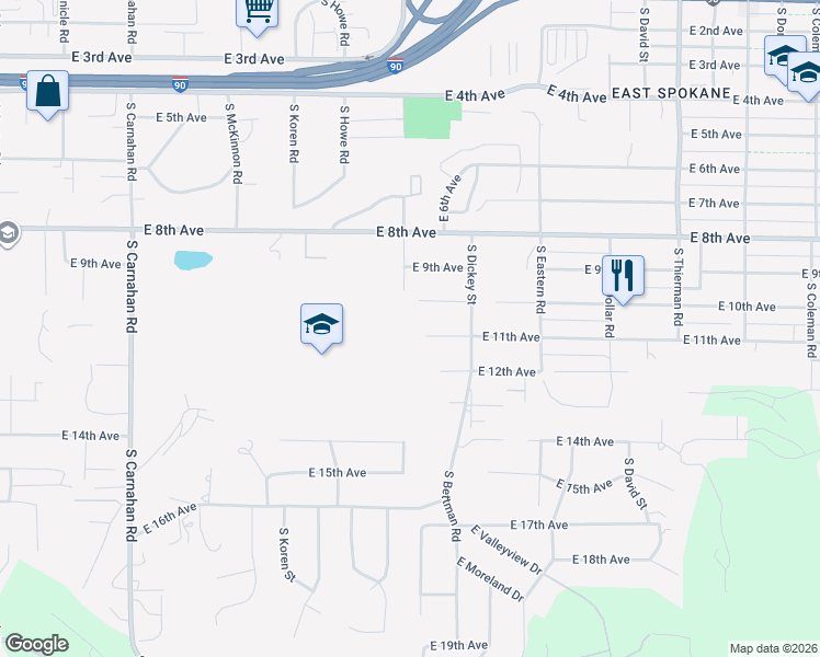 map of restaurants, bars, coffee shops, grocery stores, and more near 5907 East 11th Avenue in Spokane Valley