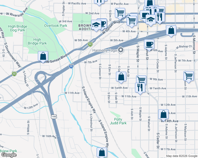 map of restaurants, bars, coffee shops, grocery stores, and more near 2024 West 9th Avenue in Spokane