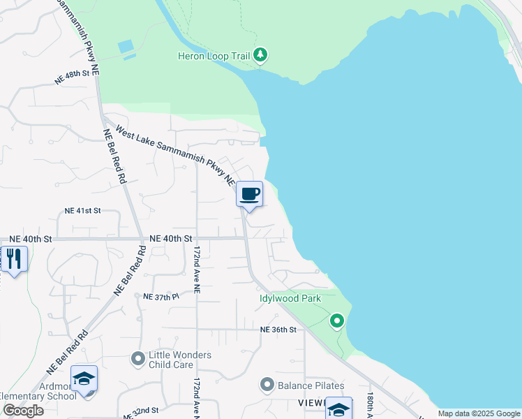 map of restaurants, bars, coffee shops, grocery stores, and more near 17494 Northeast 40th Place in Redmond
