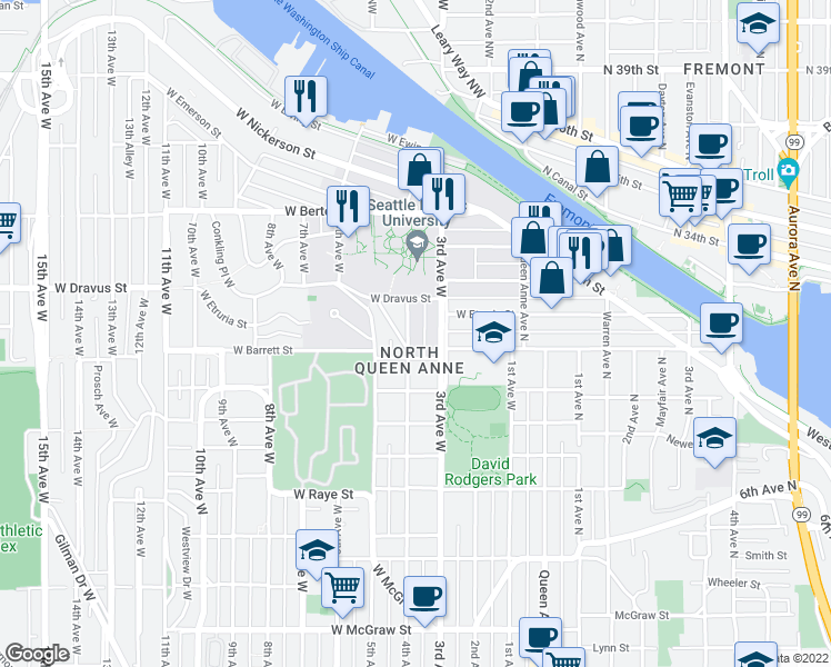 map of restaurants, bars, coffee shops, grocery stores, and more near 3027 4th Avenue West in Seattle