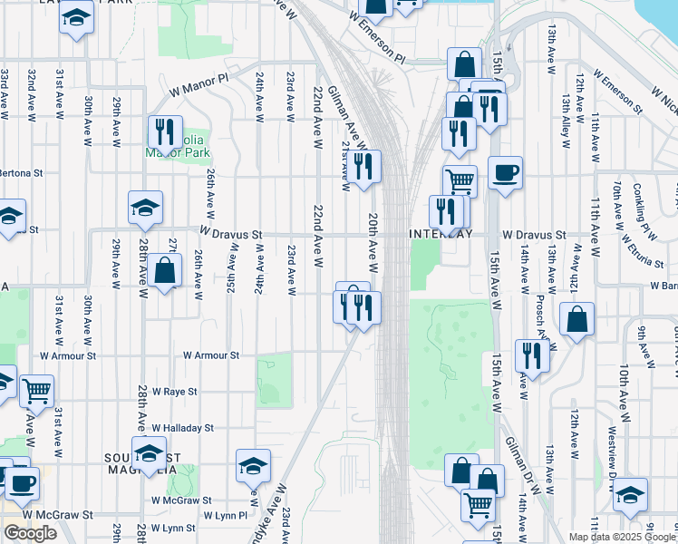 map of restaurants, bars, coffee shops, grocery stores, and more near 3027a 21st Avenue West in Seattle