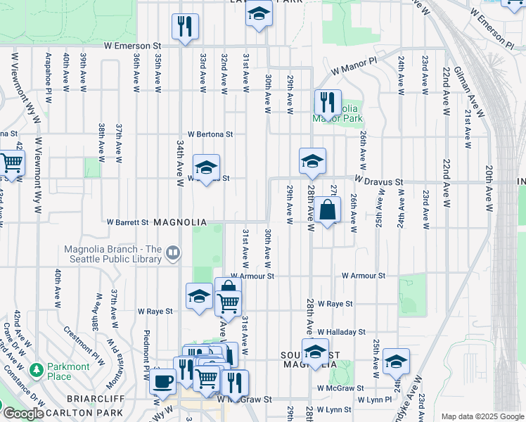 map of restaurants, bars, coffee shops, grocery stores, and more near 3021 30th Avenue West in Seattle
