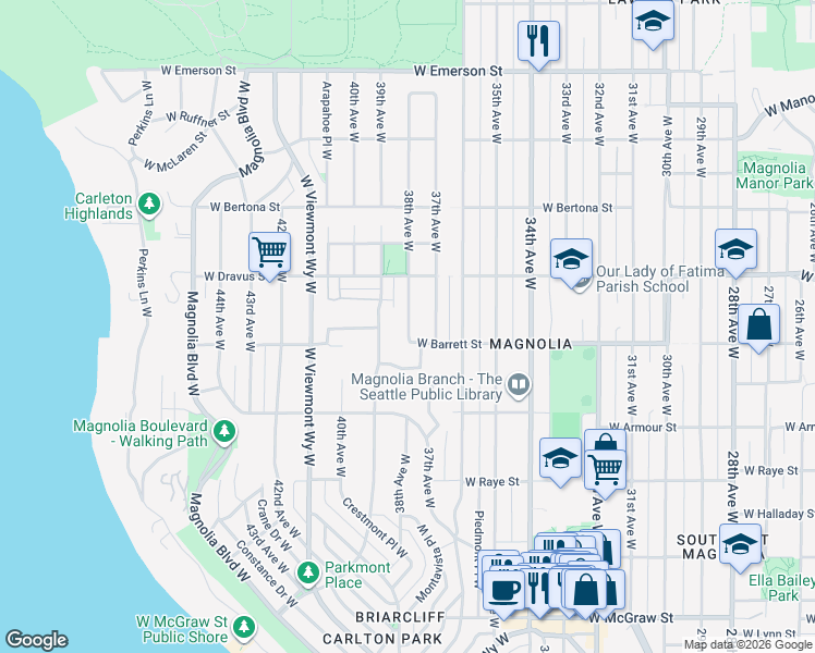 map of restaurants, bars, coffee shops, grocery stores, and more near 3027 38th Avenue West in Seattle