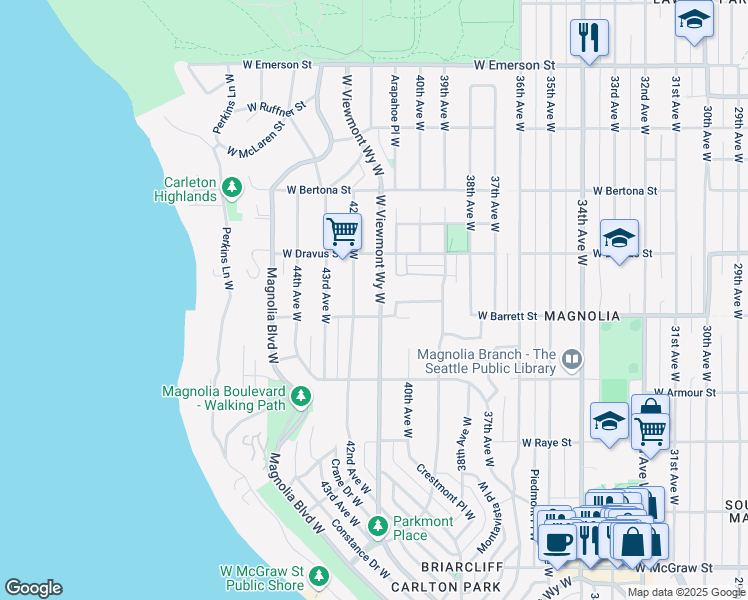 map of restaurants, bars, coffee shops, grocery stores, and more near 3022 42nd Avenue West in Seattle