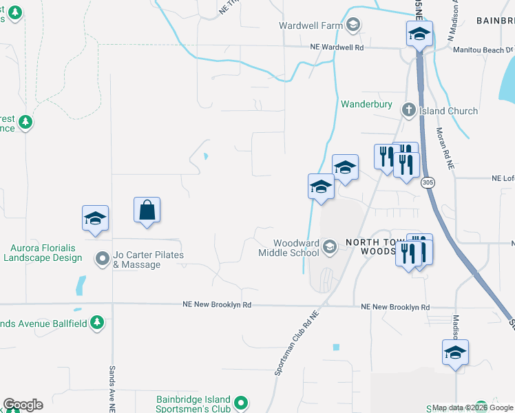 map of restaurants, bars, coffee shops, grocery stores, and more near 9491 Bucsit Lane Northeast in Bainbridge Island