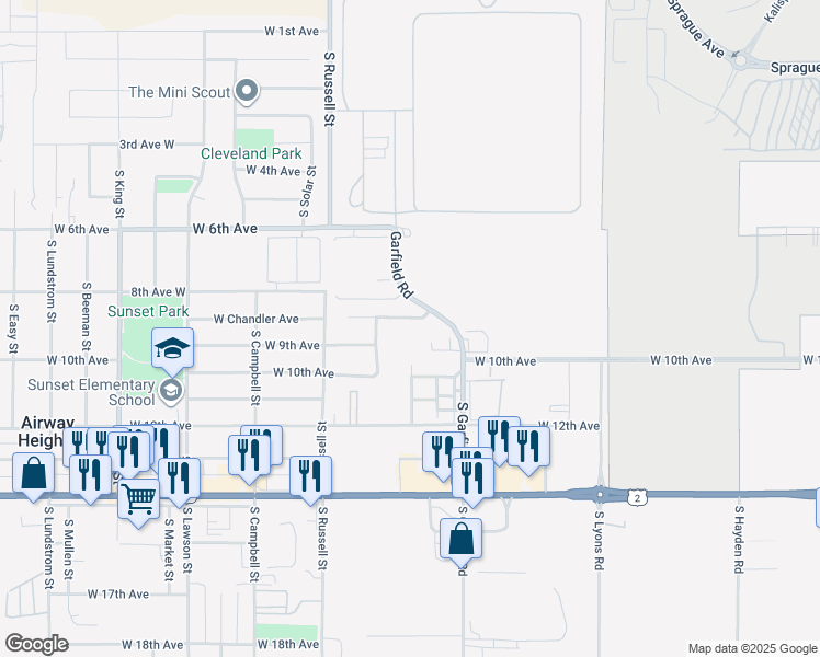 map of restaurants, bars, coffee shops, grocery stores, and more near 12109 West Chandler Avenue in Airway Heights
