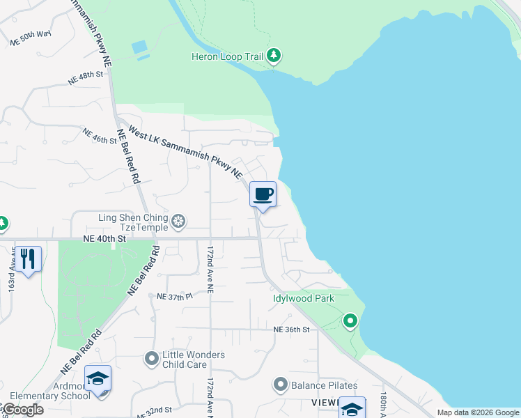 map of restaurants, bars, coffee shops, grocery stores, and more near 4030 West Lake Sammamish Parkway Northeast in Redmond