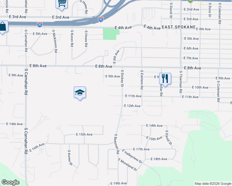 map of restaurants, bars, coffee shops, grocery stores, and more near 6009 East 11th Avenue in Spokane Valley