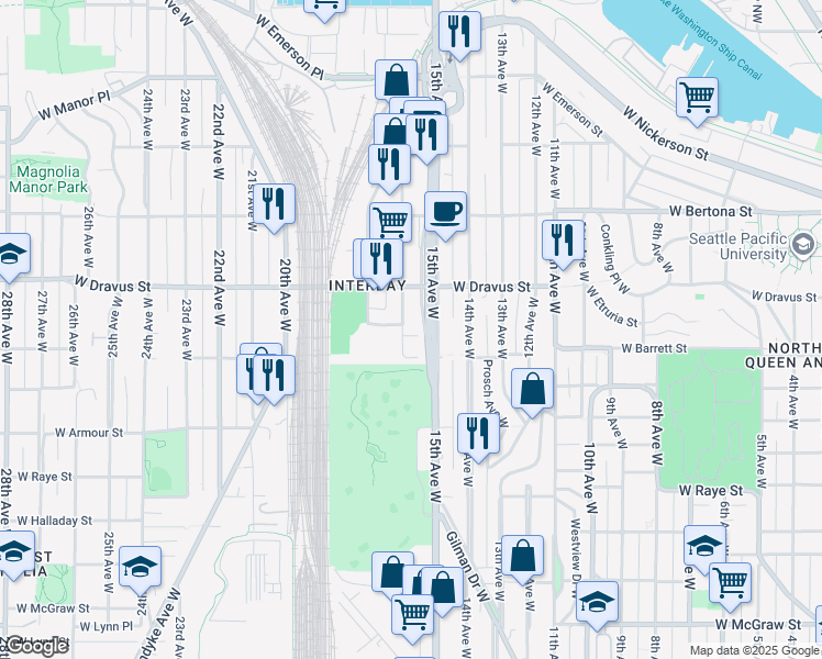 map of restaurants, bars, coffee shops, grocery stores, and more near 3036 16th Avenue West in Seattle