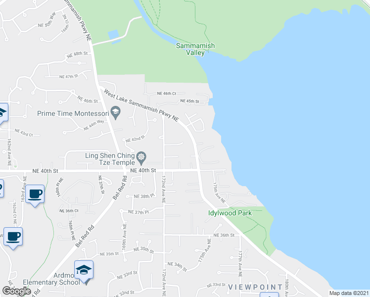 map of restaurants, bars, coffee shops, grocery stores, and more near 17309 Northeast 42nd Street in Redmond