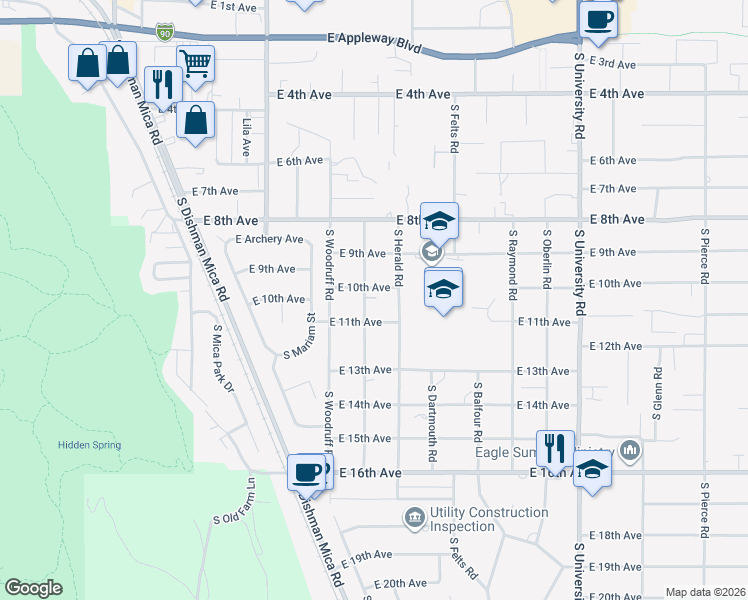 map of restaurants, bars, coffee shops, grocery stores, and more near 10004 East 10th Avenue in Spokane Valley