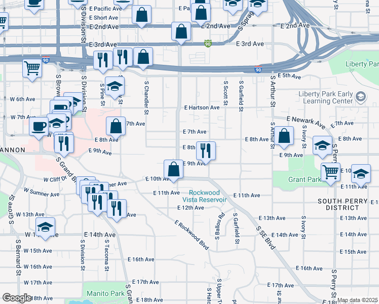 map of restaurants, bars, coffee shops, grocery stores, and more near 604 East 8th Avenue in Spokane