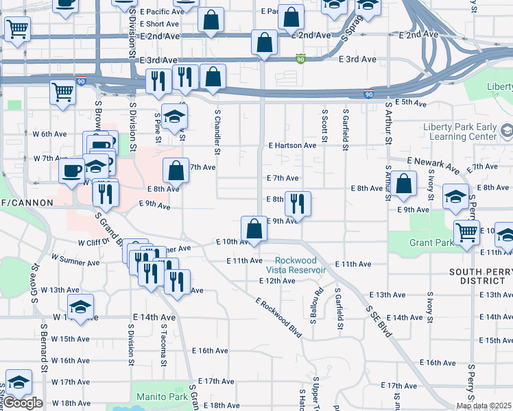 map of restaurants, bars, coffee shops, grocery stores, and more near 426 East 8th Avenue in Spokane