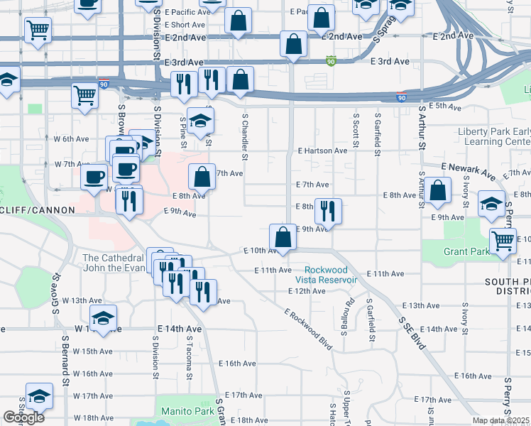 map of restaurants, bars, coffee shops, grocery stores, and more near 374 East 8th Avenue in Spokane
