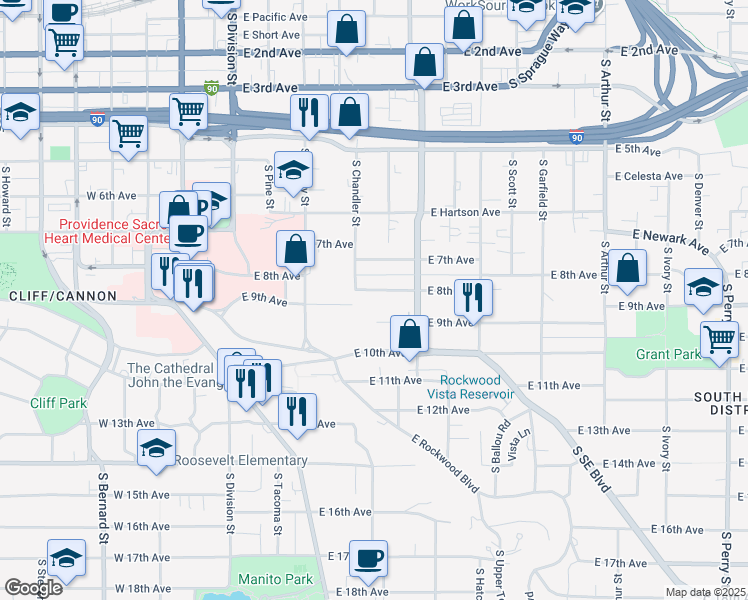 map of restaurants, bars, coffee shops, grocery stores, and more near 374 East 8th Avenue in Spokane