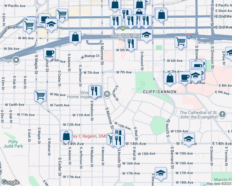map of restaurants, bars, coffee shops, grocery stores, and more near 831 South Lincoln Street in Spokane