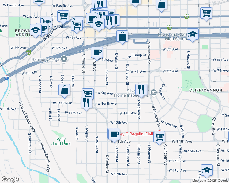 map of restaurants, bars, coffee shops, grocery stores, and more near 1324 West 9th Avenue in Spokane