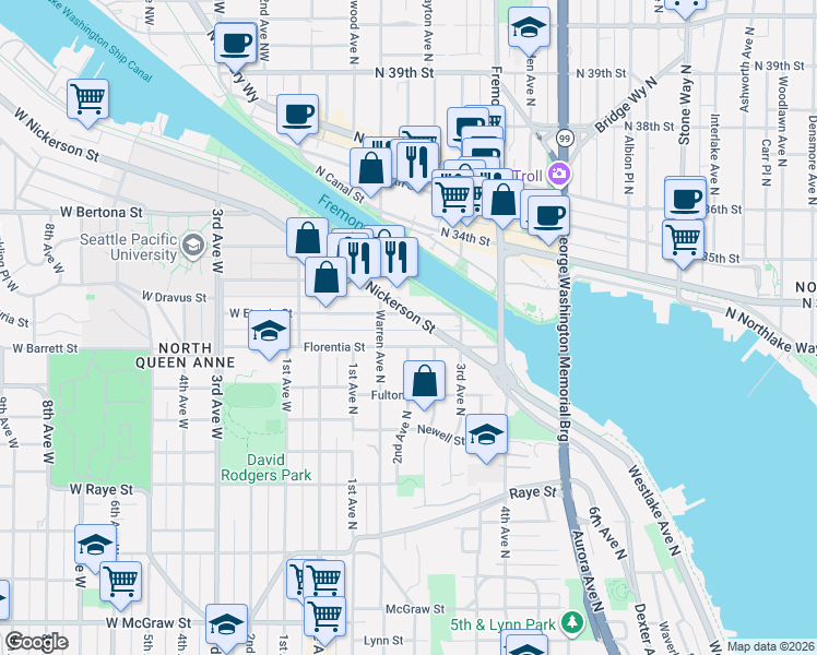 map of restaurants, bars, coffee shops, grocery stores, and more near 201 Nickerson Street in Seattle