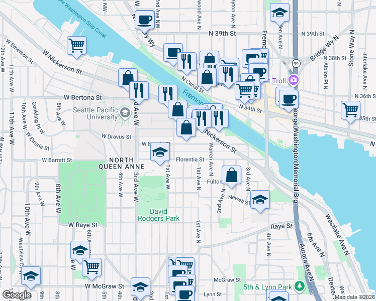 map of restaurants, bars, coffee shops, grocery stores, and more near 29 Etruria Street in Seattle