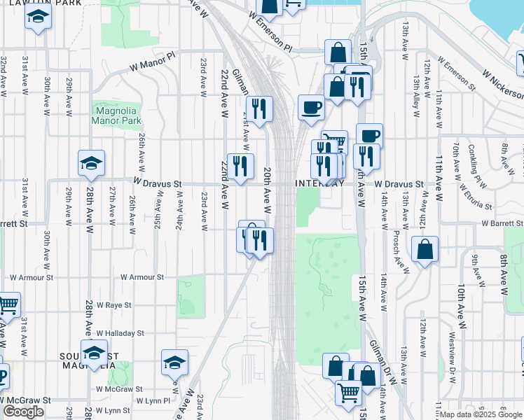 map of restaurants, bars, coffee shops, grocery stores, and more near 3031 20th Avenue West in Seattle