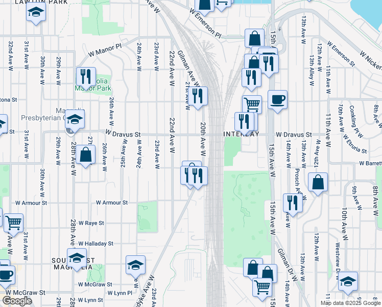 map of restaurants, bars, coffee shops, grocery stores, and more near 3027a 21st Avenue West in Seattle