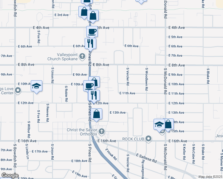 map of restaurants, bars, coffee shops, grocery stores, and more near 1015 South Houk Road in Spokane Valley