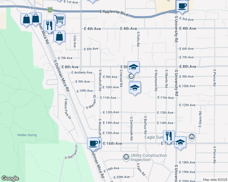map of restaurants, bars, coffee shops, grocery stores, and more near 10004 East 10th Avenue in Spokane Valley