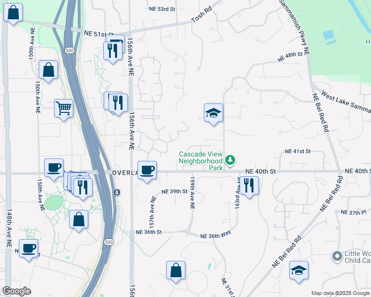 map of restaurants, bars, coffee shops, grocery stores, and more near 4117 159th Avenue Northeast in Redmond