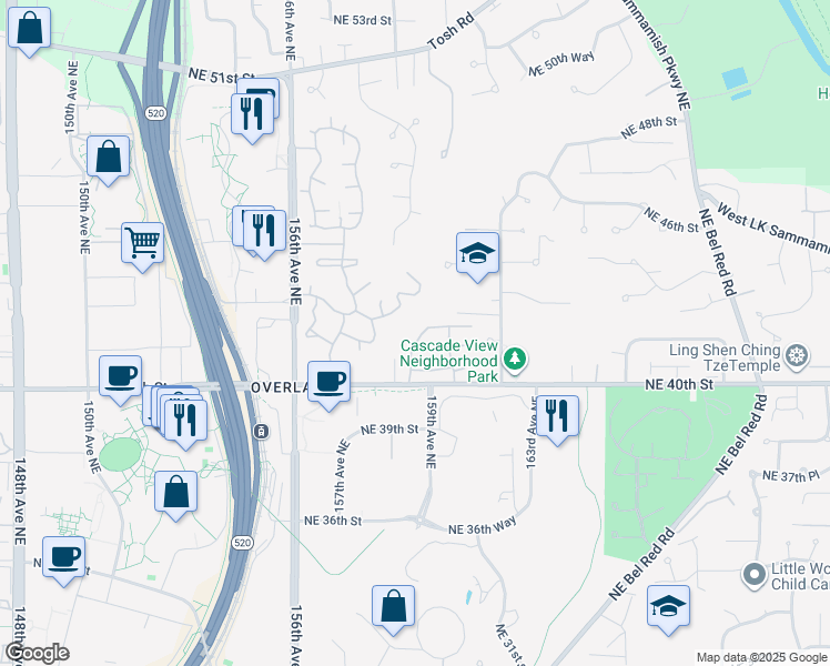 map of restaurants, bars, coffee shops, grocery stores, and more near 15913 Northeast 42nd Street in Redmond